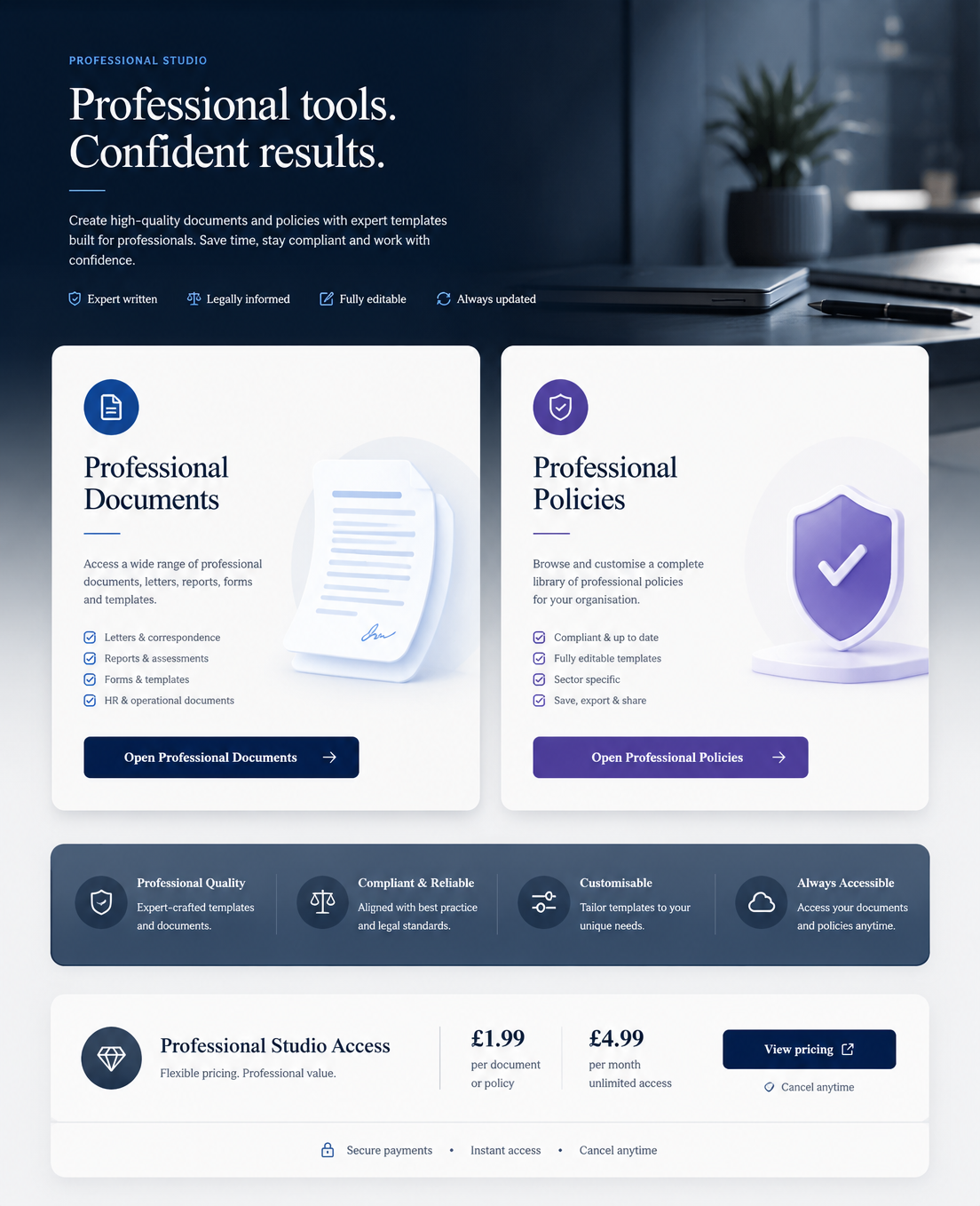 Professional Studio document and policy template workspace